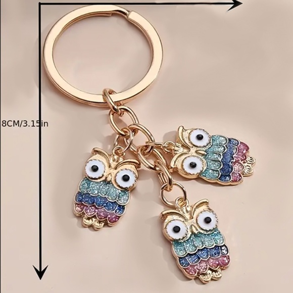 Three Glitter Owls on a Key Ring - Colorful - Each Owl is about 3/4 Inch - Cute - Picture 3 of 5